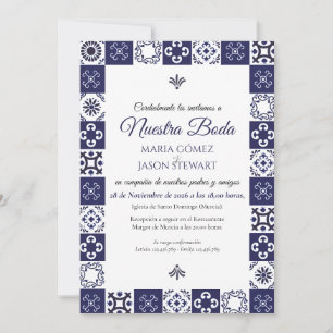 Talavera Majolica Navy Blue White Spanish Wedding Invitation