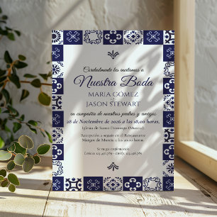Talavera Majolica Navy Blue White Spanish Wedding Invitation