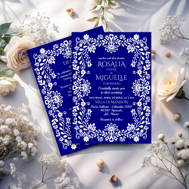 Talavera navy blue Mexican wedding Invitation (Talavera navy blue Mexican wedding Invitation cards with RSVP vintage folk art wedding cards)