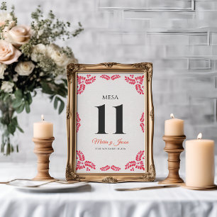 Talavera Orange Floral Minimalist Spanish Wedding Table Number