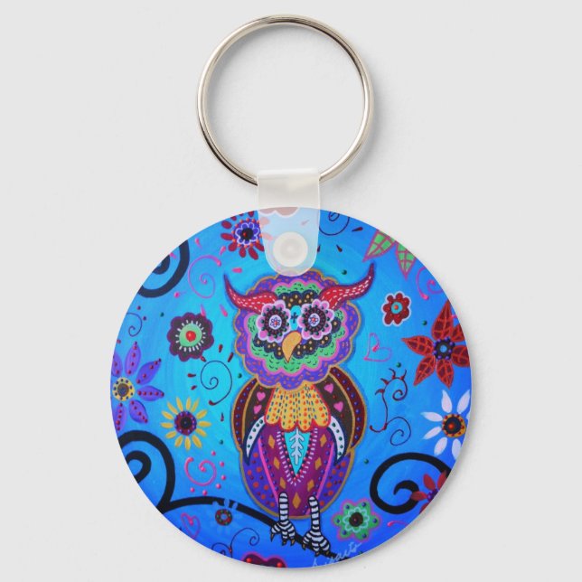 Talavera Owl Mexican Painting Key Ring (Front)