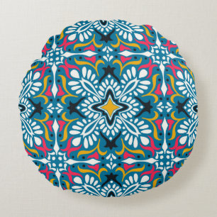 Talavera pattern. Indian patchwork. Azulejos portu Round Cushion
