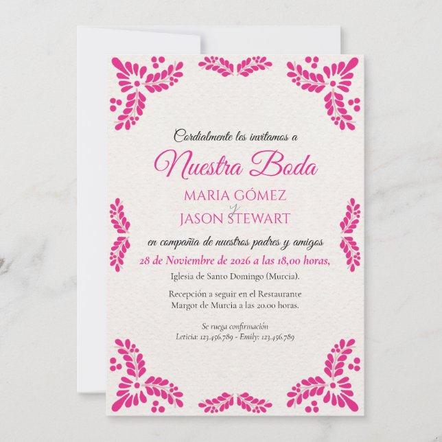 Talavera Pink Floral Minimalist Spanish Wedding Invitation (Front)