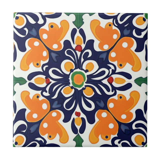 Talavera Seamless Blue Orange Mexican Spanish Tile (Front)