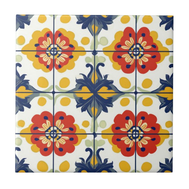 Talavera Seamless Blue Red Yellow Mexican Spanish Tile (Front)