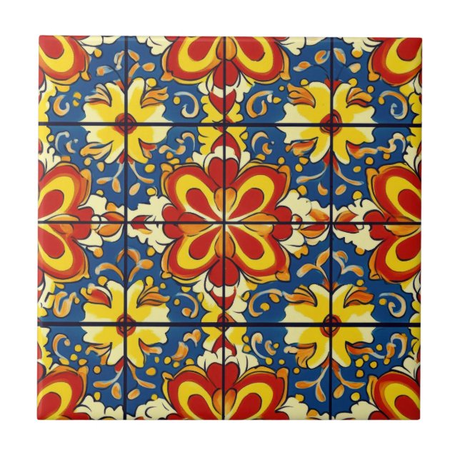Talavera Seamless Blue Red Yellow Mexican Spanish Tile (Front)