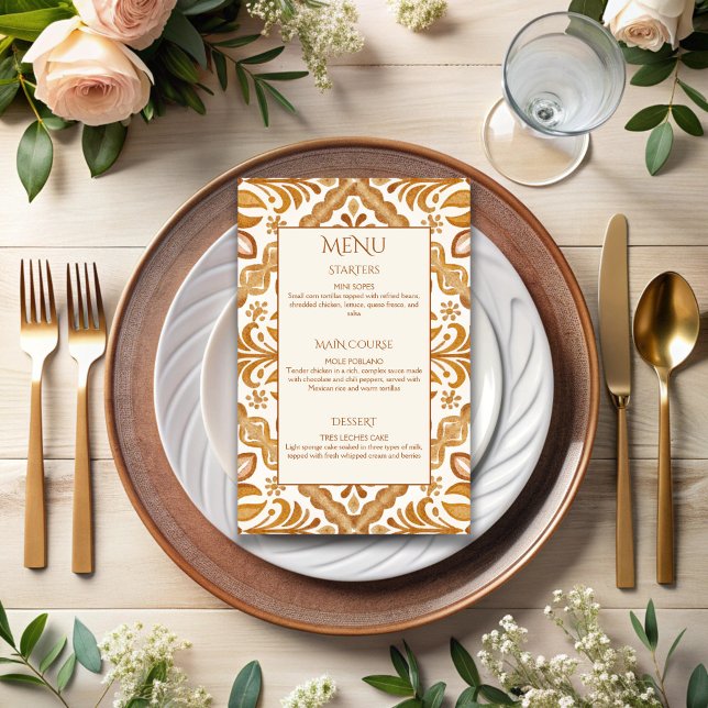 Talavera terracotta vintage Mexican wedding menu (Talavera terracotta tiles vintage Mexican wedding menu personalized wedding reception table decor)