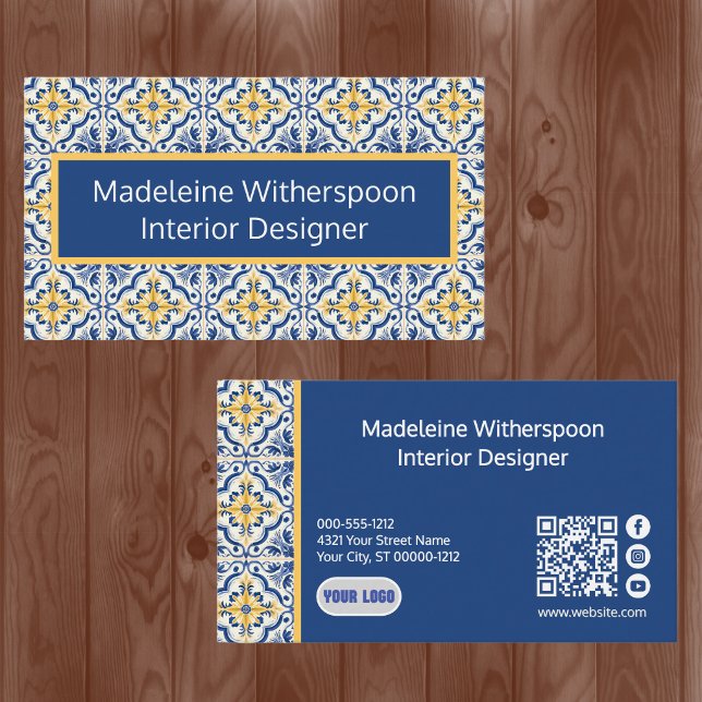 Talavera Tile Business Card Blue Yellow QR Code  (Creator Uploaded)