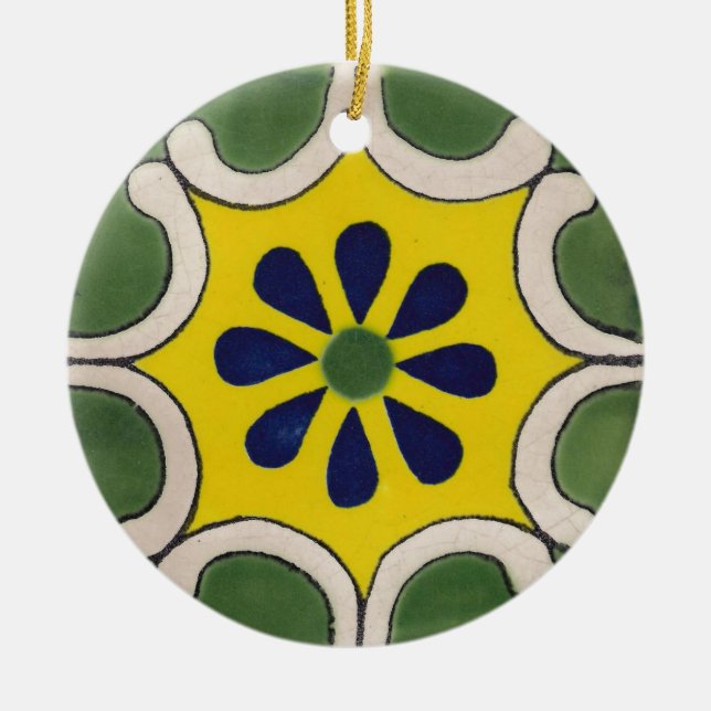 Talavera tile in green & yellow ceramic tree decoration (Front)