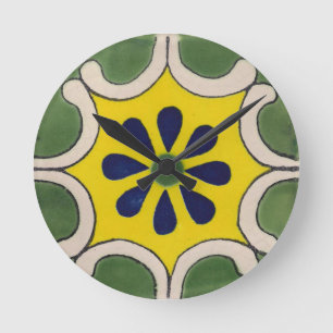 Talavera tile in green & yellow round clock