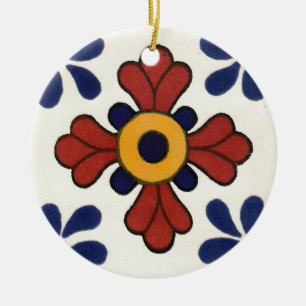 Talavera tile in red & blue ceramic tree decoration