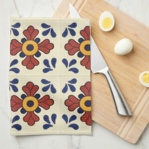 Talavera tile Kitchen towel in blue & orange
