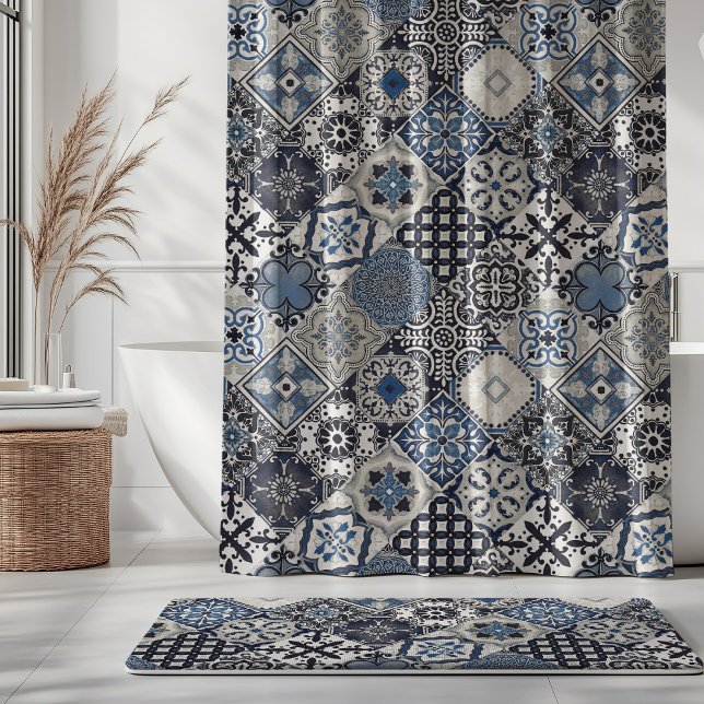 Talavera Tles Navy Cobalt Sky Blue Grey Shower Curtain (Creator Uploaded)