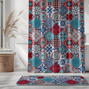 Talavera Tles Turquoise Denim Blue Red White Shower Curtain