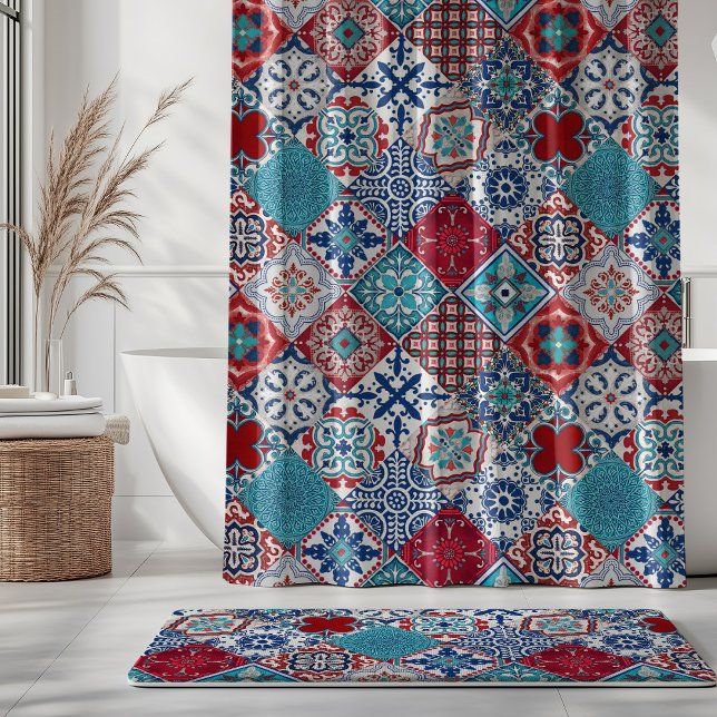 Talavera Tles Turquoise Denim Blue Red White  Shower Curtain (Creator Uploaded)