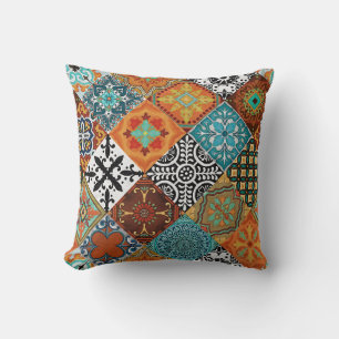 Talavera Tles Turquoise Teal Orange Black White Cushion
