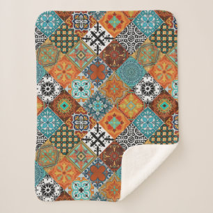Talavera Tles Turquoise Teal Orange Black White  Sherpa Blanket