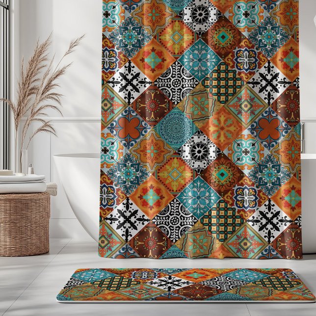 Talavera Tles Turquoise Teal Orange Black White  Shower Curtain (Creator Uploaded)