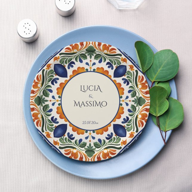 Talavera vintage Mexican wedding monogram printed Paper Plate (Talavera vintage Mexican Hacienda Fiesta wedding monogram printed Paper Plates personalized decor)