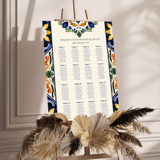 Talavera vintage Mexican wedding seating chart (Talavera Azulejo vintage Mexican wedding reception seating chart seating plan poster template)