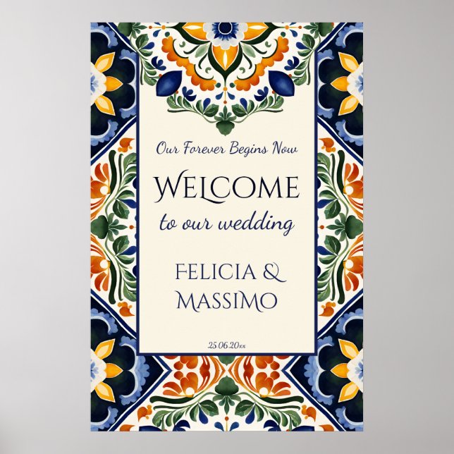 Talavera vintage Mexican wedding welcome sign (Front)