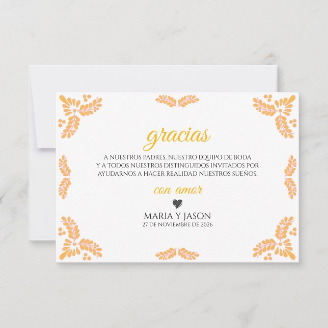 Talavera Yellow Floral Minimalist Spanish Wedding Thank You Card (Front)