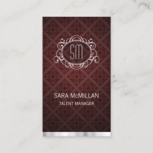 Talent Manager Elegant Red Damask Monogram Business Card