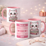 Tales And Tails Make My Day - Cat And Books Mug<br><div class="desc">The Tales & Tails Mug blends playful design with personal touches, featuring a cute illustrated cat perched on a stack of books alongside the phrase "Tales & Tails Make My Day, " framed by paw prints and hearts. This cosy and creative design is perfect for anyone who loves their pets...</div>
