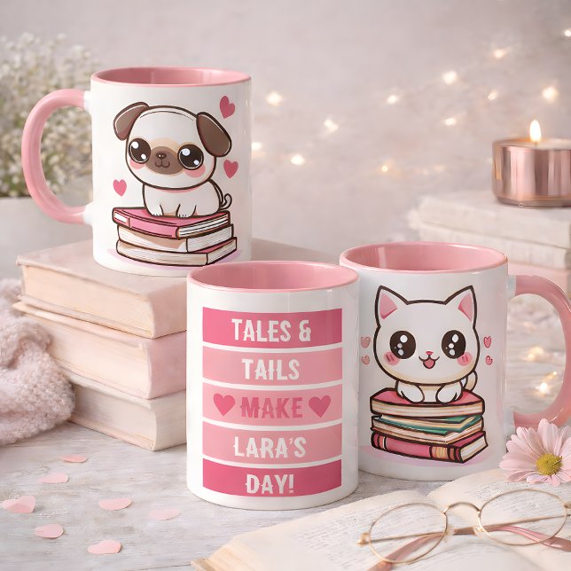 Tales And Tails Make My Day - Cat and Dog Books Mug (The most pawsome reading mug you will ever see!)