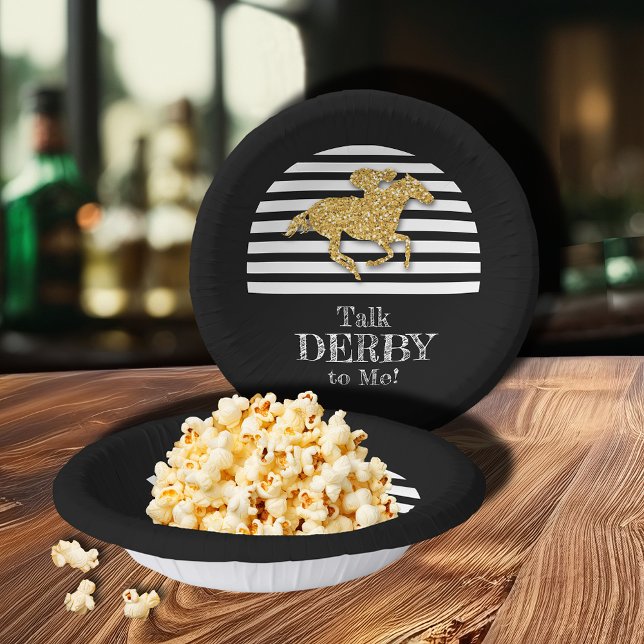 Talk Derby to Me Gold Racehorse and Jockey Paper Plate (Talk Derby to Me gold racehorse and jockey on black and white stripes paper bowls)