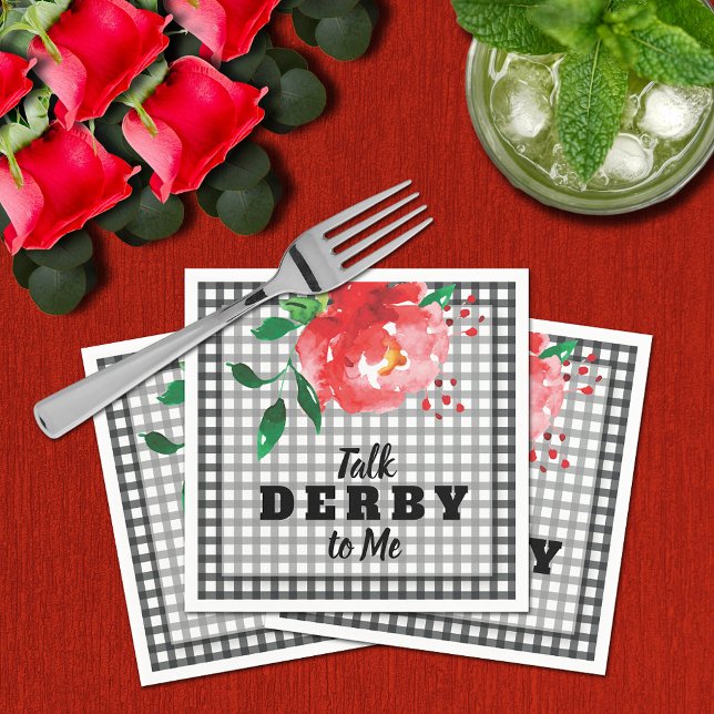 Talk Derby to Me Red Rose on Gingham Napkin (Talk Derby to Me red rose on black and white gingham check napkins)
