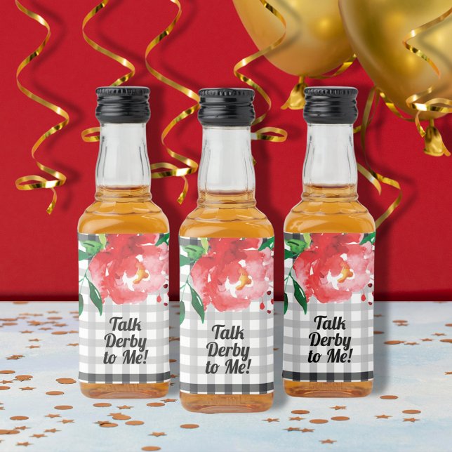 Talk Derby to Me Rose Black White Mini Liquor Bottle Label (Talk Derby to Me red rose on black and white mini liquor bottle labels)