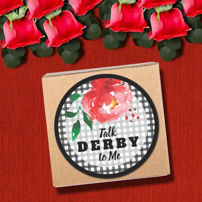 Talk Derby to Me Rose on Gingham Classic Round Sticker (Talk Derby to Me red rose on black and white gingham round stickers)
