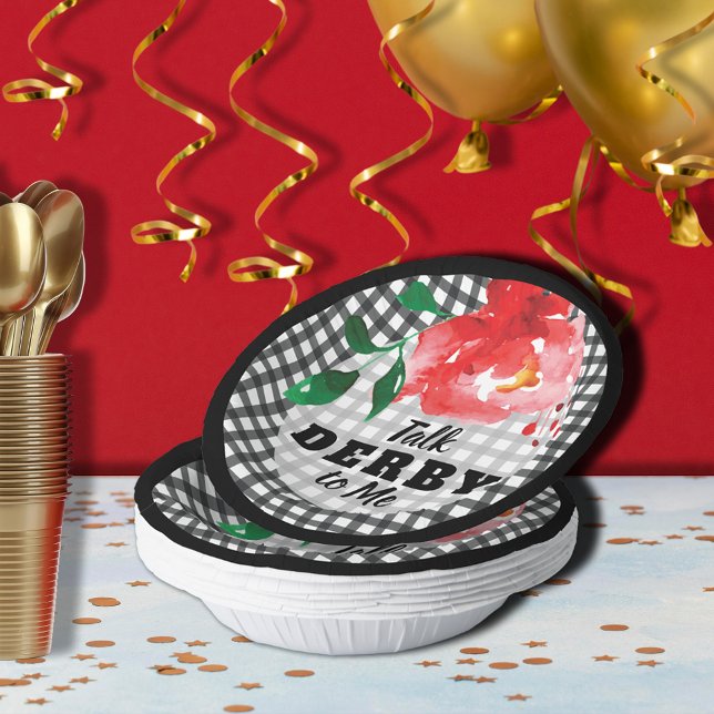 Talk Derby to Me Rose on Gingham Paper Plate (Talk Derby to Me red rose on black and white gingham paper bowls)