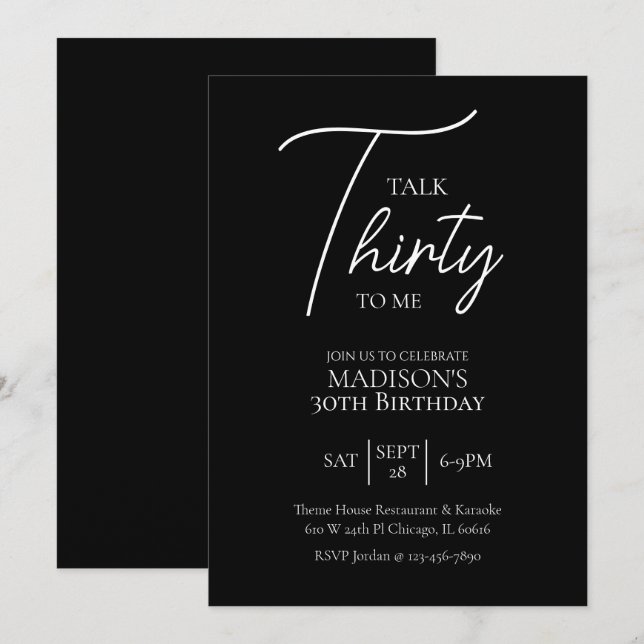 Talk Thirty To Me 30th Black & White Birthday Invitation (Front/Back)