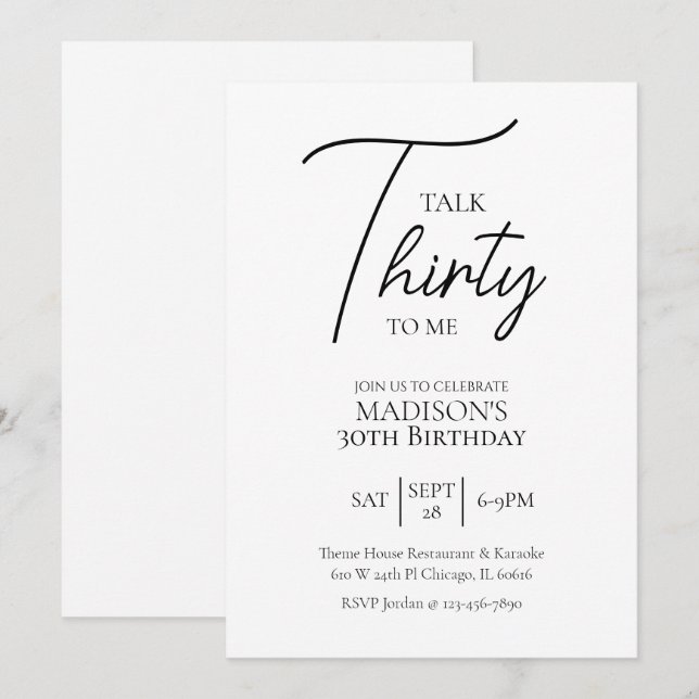 Talk Thirty To Me 30th Black & White Birthday Invitation (Front/Back)