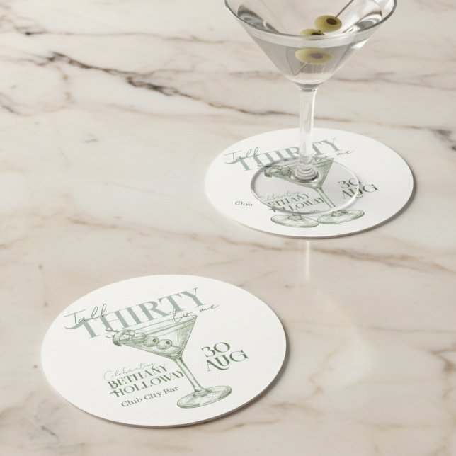 Talk Thirty To Me Martini Cocktail 30th Birthday Round Paper Coaster (Celebrate the big 3-0 with this stylish Talk Thirty To Me Martini Cocktail 30th Birthday Coaster! )