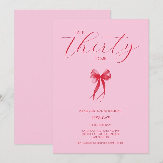 Talk Thirty To Me Pink Elegant 30th Birthday Party Invitation (Front/Back)