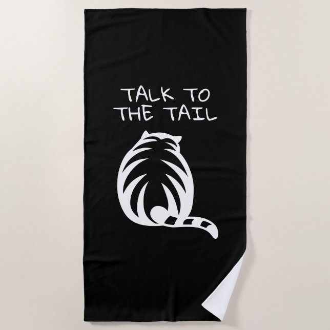 Talk to the tail fun striped cat black beach towel (Front)