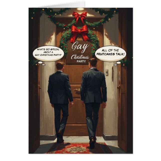 Talking Fruitcake Party: Funny Gay Christmas Card (Front)
