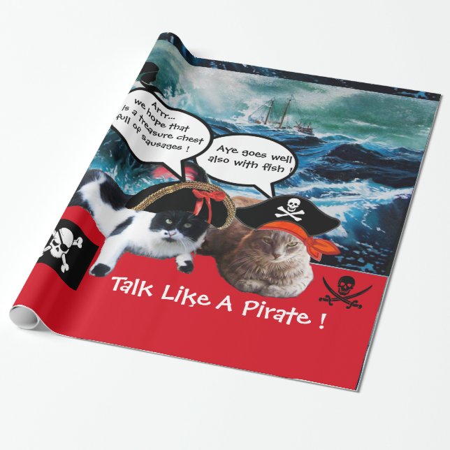 TALKING PIRATE CATS AND SHIP IN THE SEA STORM WRAPPING PAPER (Unrolled)
