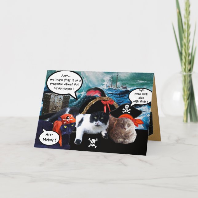 TALKING PIRATE CATS ,ANTIQUE PIRATES TREASURE MAPS CARD (Front)