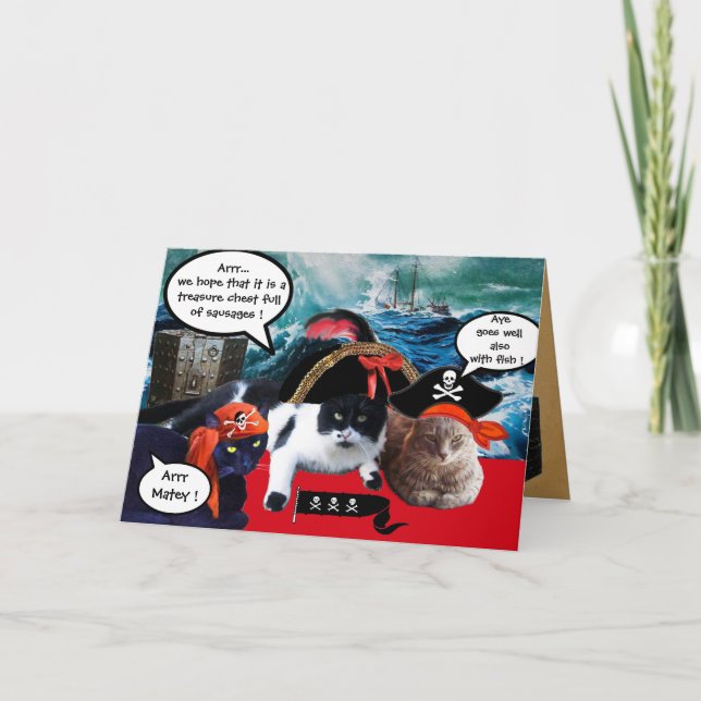 TALKING PIRATE CATS ,ANTIQUE PIRATES TREASURE MAPS CARD (Front)