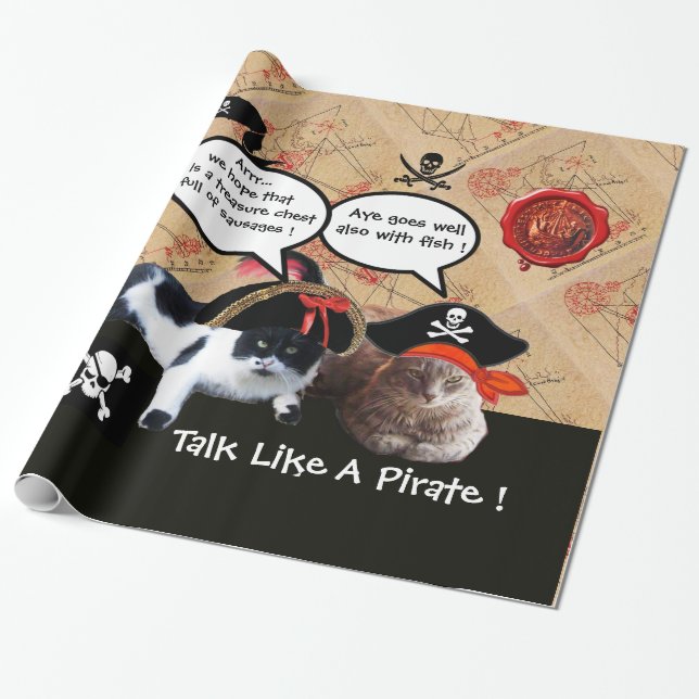 TALKING PIRATE CATS,ANTIQUE PIRATES TREASURE MAPS WRAPPING PAPER (Unrolled)