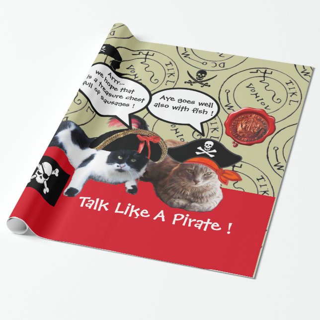 TALKING PIRATE CATS,ANTIQUE PIRATES TREASURE MAPS WRAPPING PAPER (Unrolled)