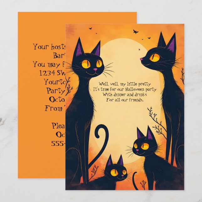 Tall Black Cats Halloween Party Invitation (Front/Back)