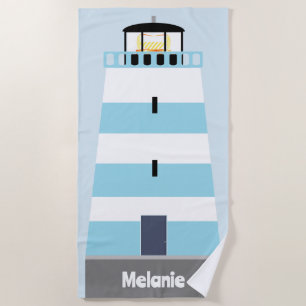 Tall Blue and White Lighthouse Personalised Beach Towel