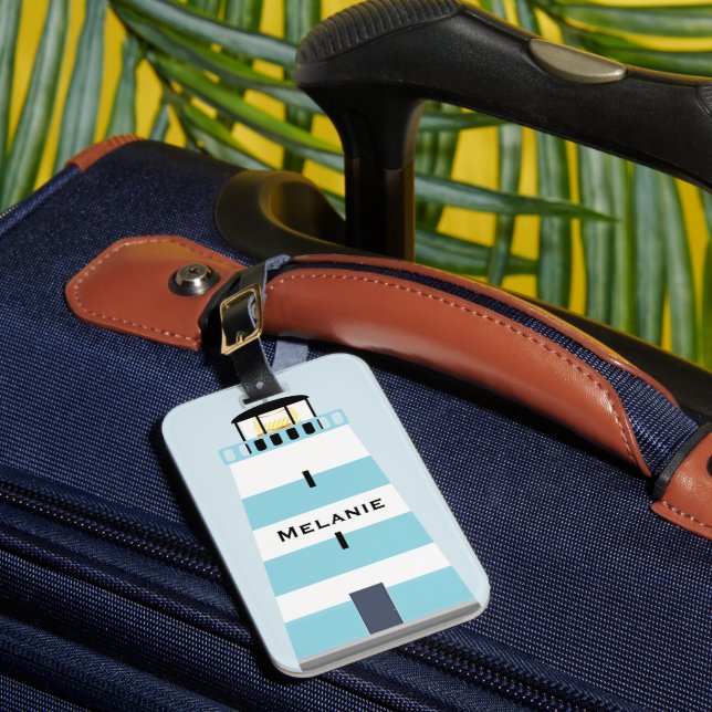 Tall Blue and White Lighthouse Personalised Luggage Tag (Front Insitu 1)