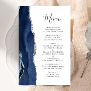 Tall Budget Agate Navy Blue Silver Wedding Menu