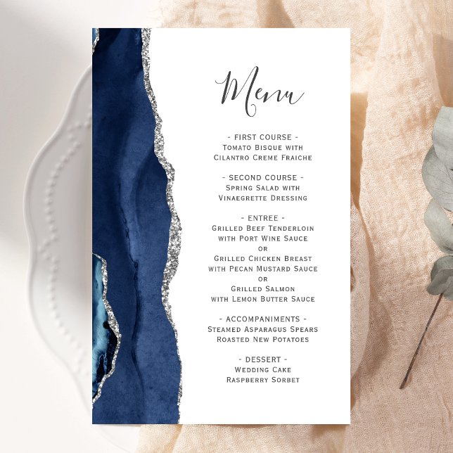 Tall Budget Agate Navy Blue Silver Wedding Menu (Creator Uploaded)